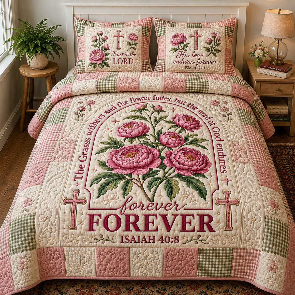 Bible Verse Floral quilted 3-piece bedding set on a made bed in a softly lit bedroom