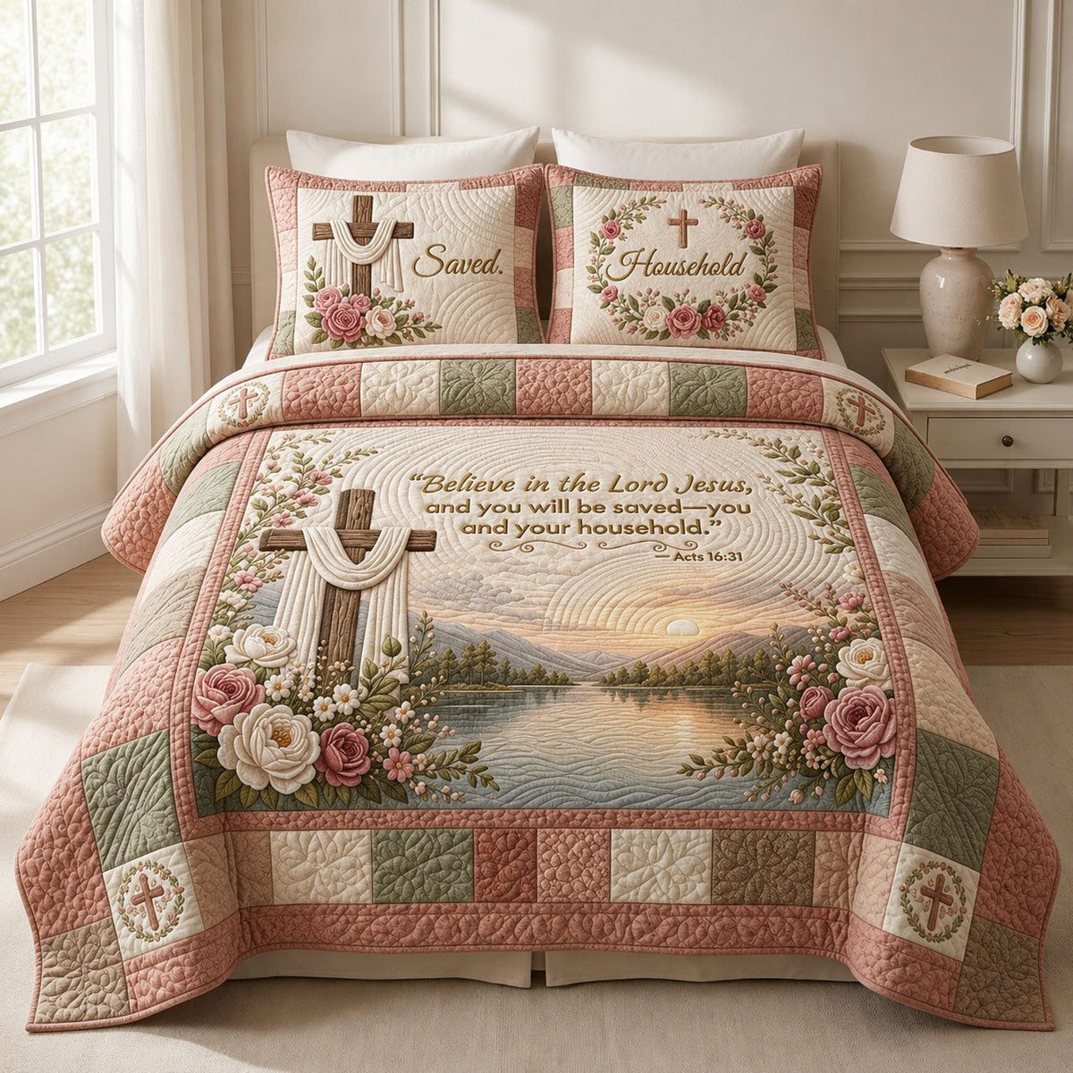 Bible Verse Floral quilted 3-piece bedding set on a made bed in a softly lit bedroom