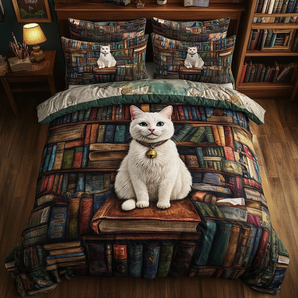 Bibliocat Dreams quilted 3-piece bedding set on a made bed with two matching pillow shams