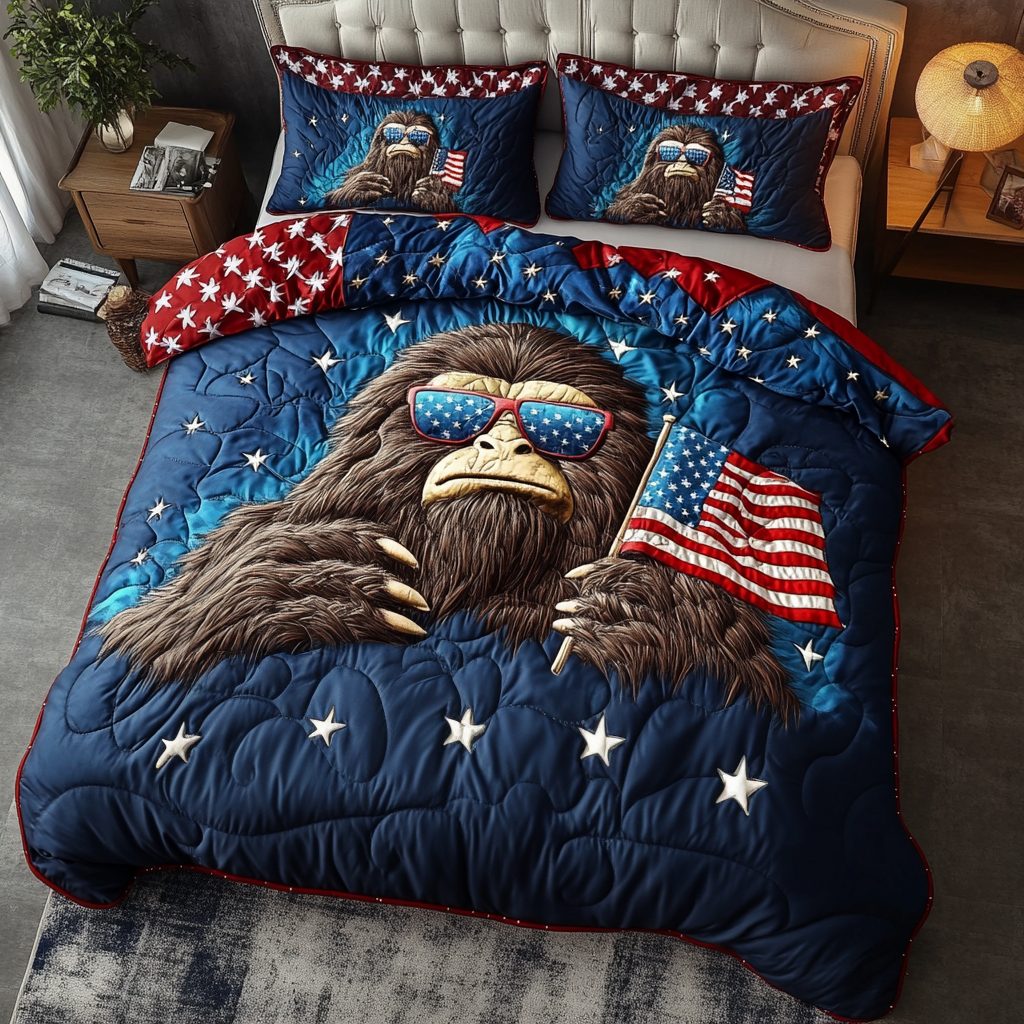BigFoot Chill quilted 3-piece bedding set on a made bed with two matching pillow shams