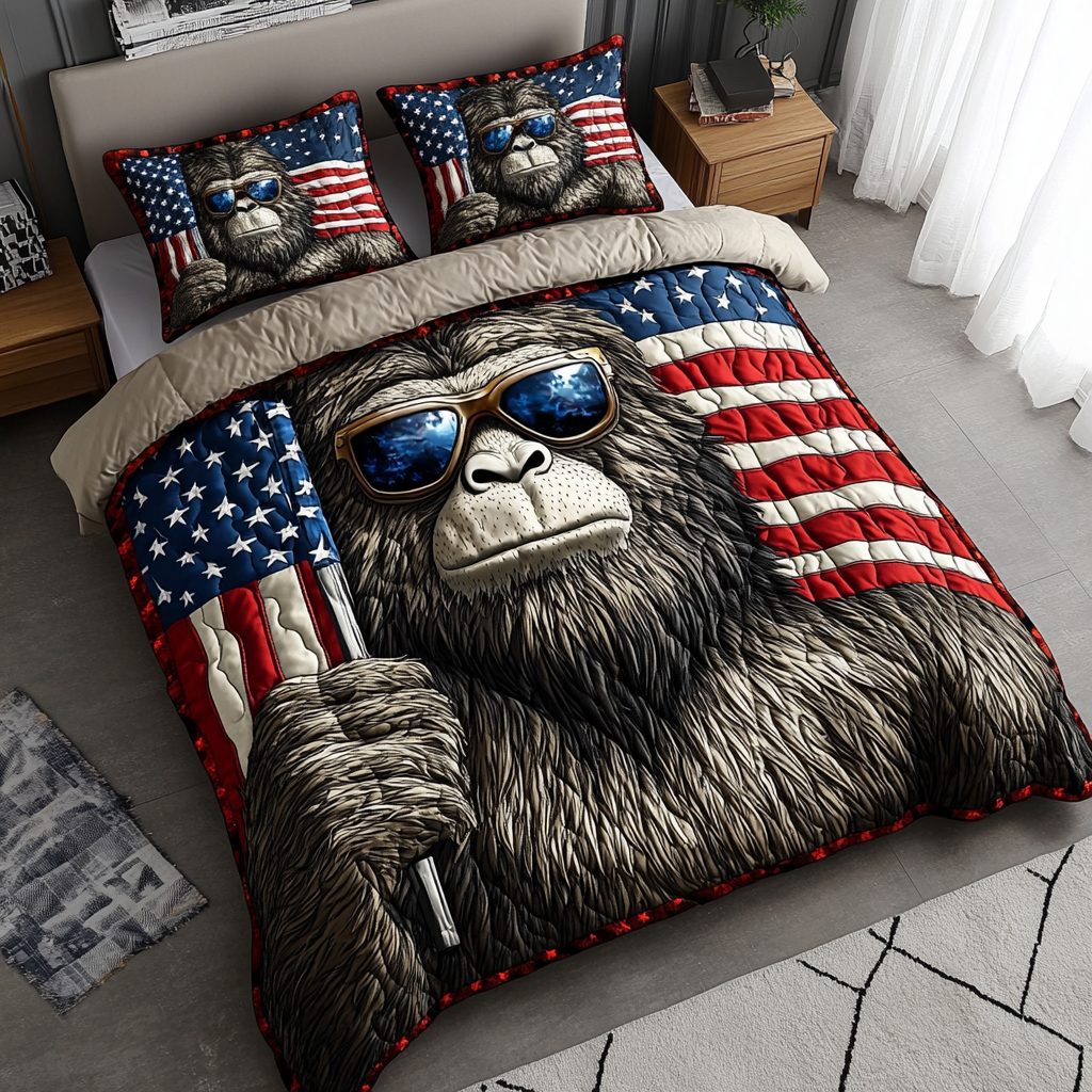 BigFoot Cool quilted 3-piece bedding set on a made bed with two matching pillow shams