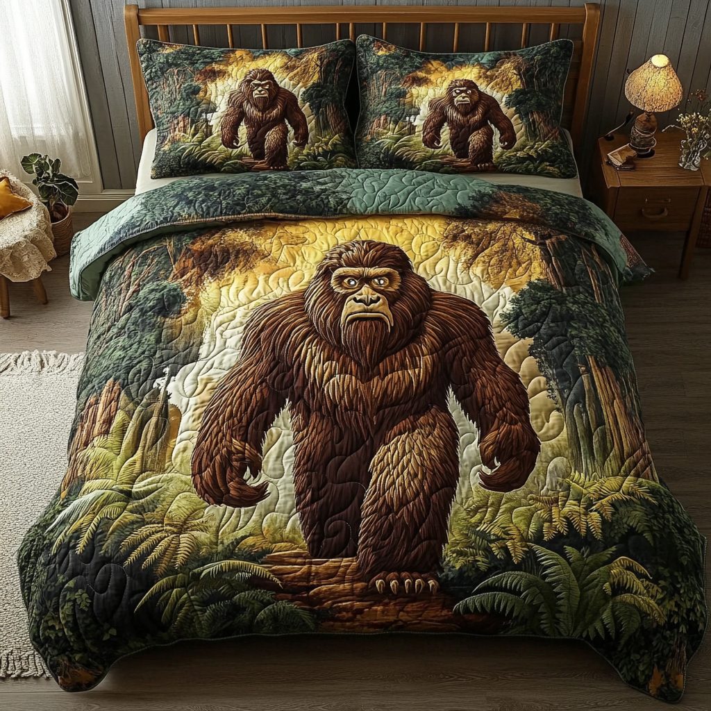 Bigfoot Dreams quilted 3-piece bedding set on a made bed with two matching pillow shams