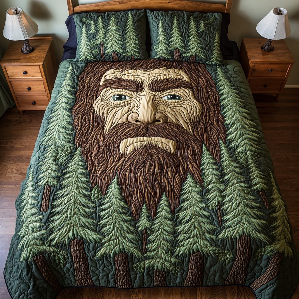 Bigfoot Dreams quilted 3-piece bedding set on a made bed with two matching pillow shams
