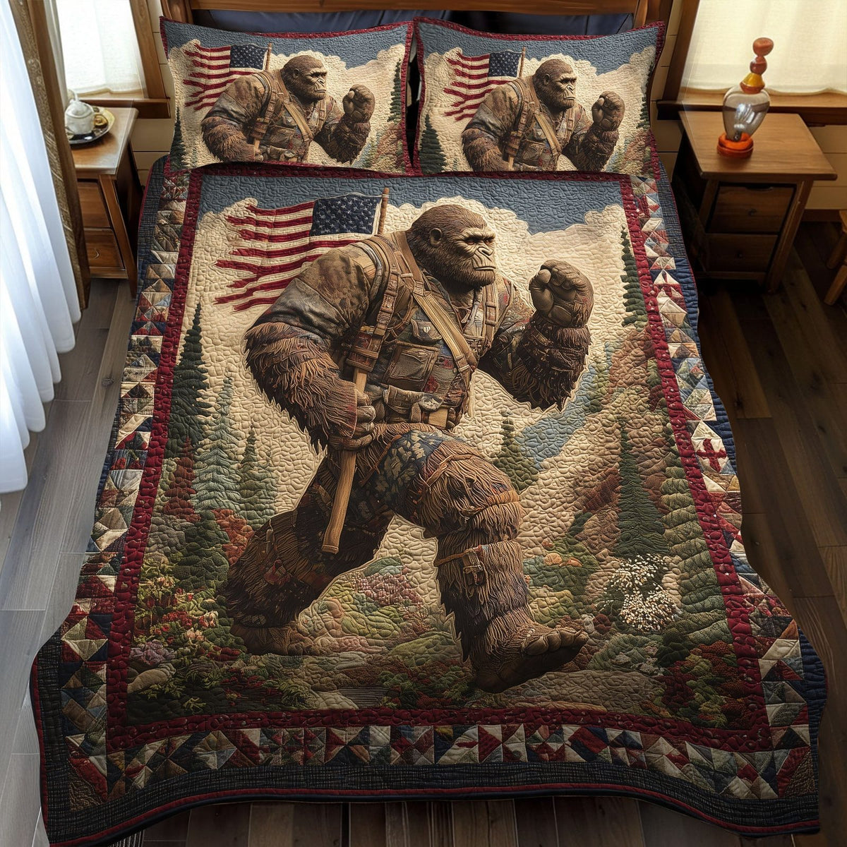 Bigfoot Freedom Walk quilted 3-piece bedding set on a made bed in a warmly lit bedroom