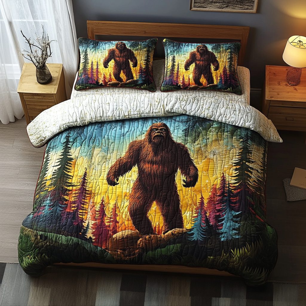 Bigfoot Horizon quilted 3-piece bedding set on a made bed with two matching pillow shams