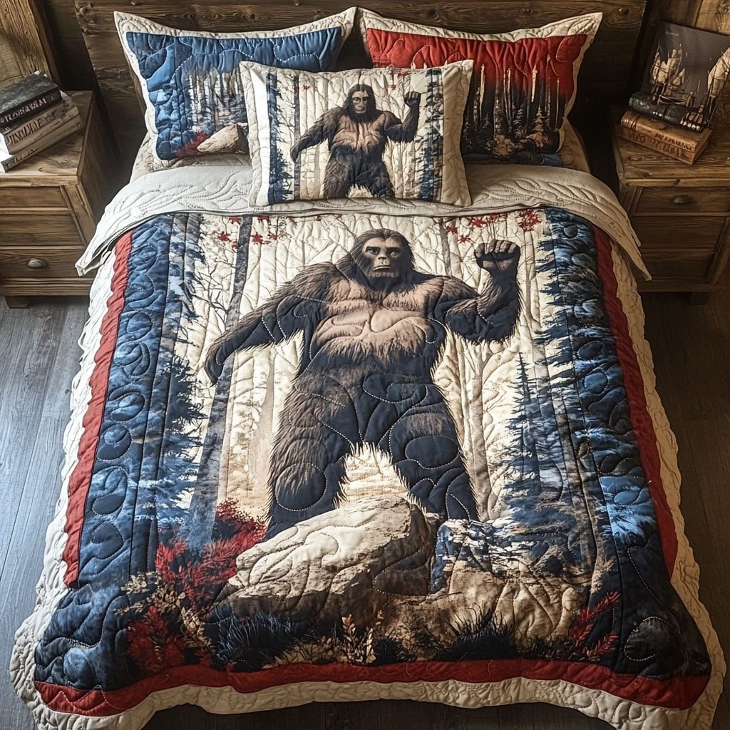 Bigfoot in Red White Blue Forest quilted 3-piece bedding set on a made bed with two matching pillow shams