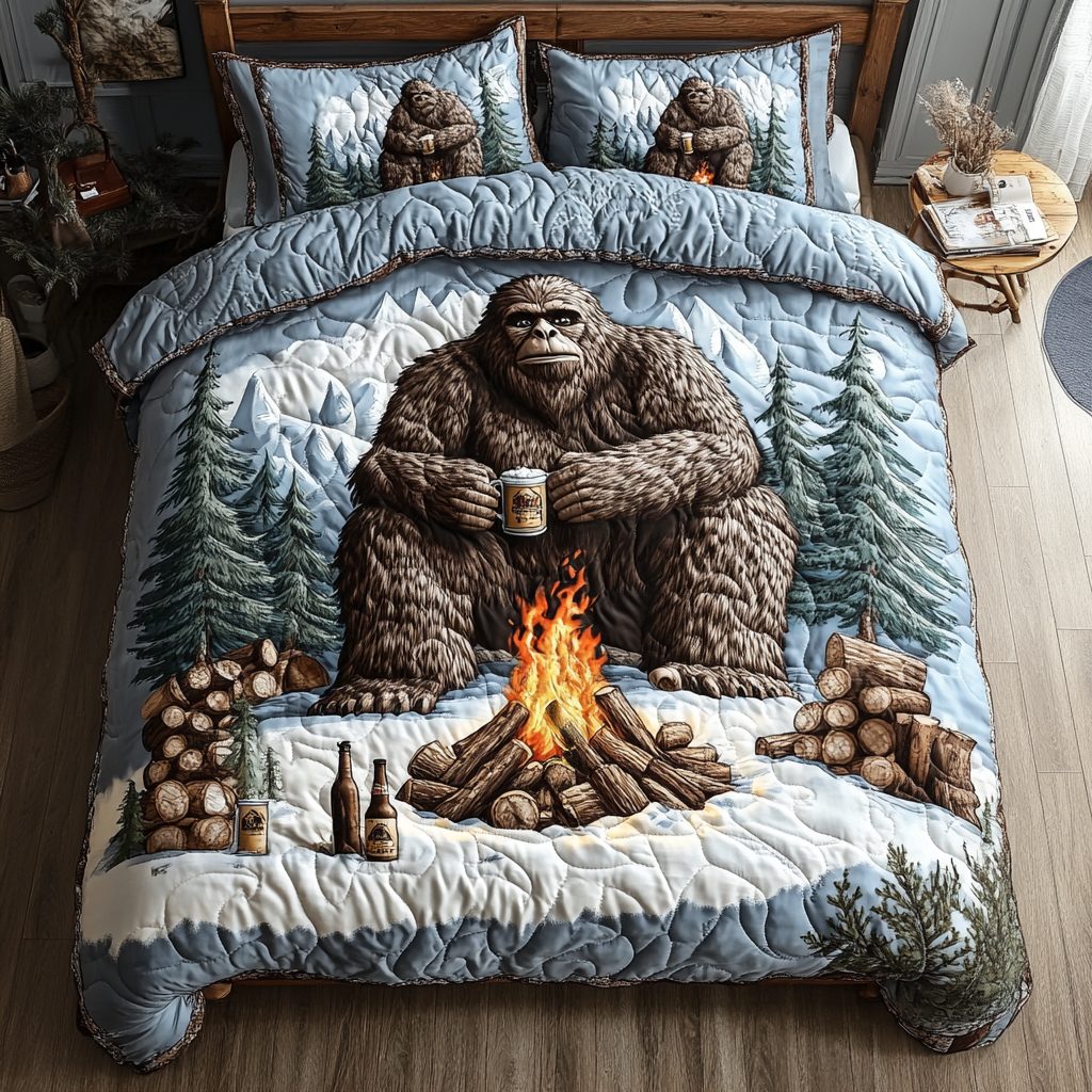 Bigfoot Journey quilted 3-piece bedding set on a made bed with two matching pillow shams