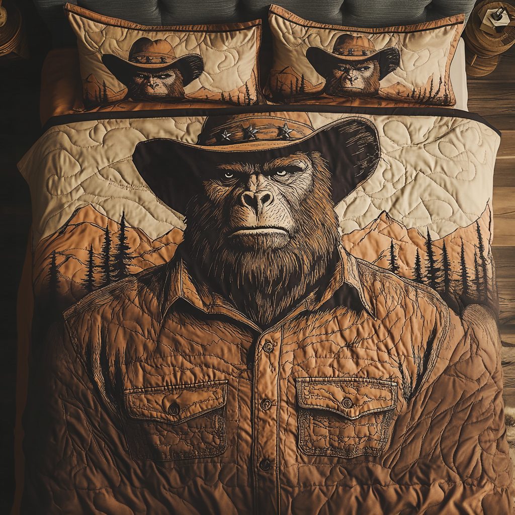 Bigfoot Legend quilted 3-piece bedding set on a made bed with two matching pillow shams