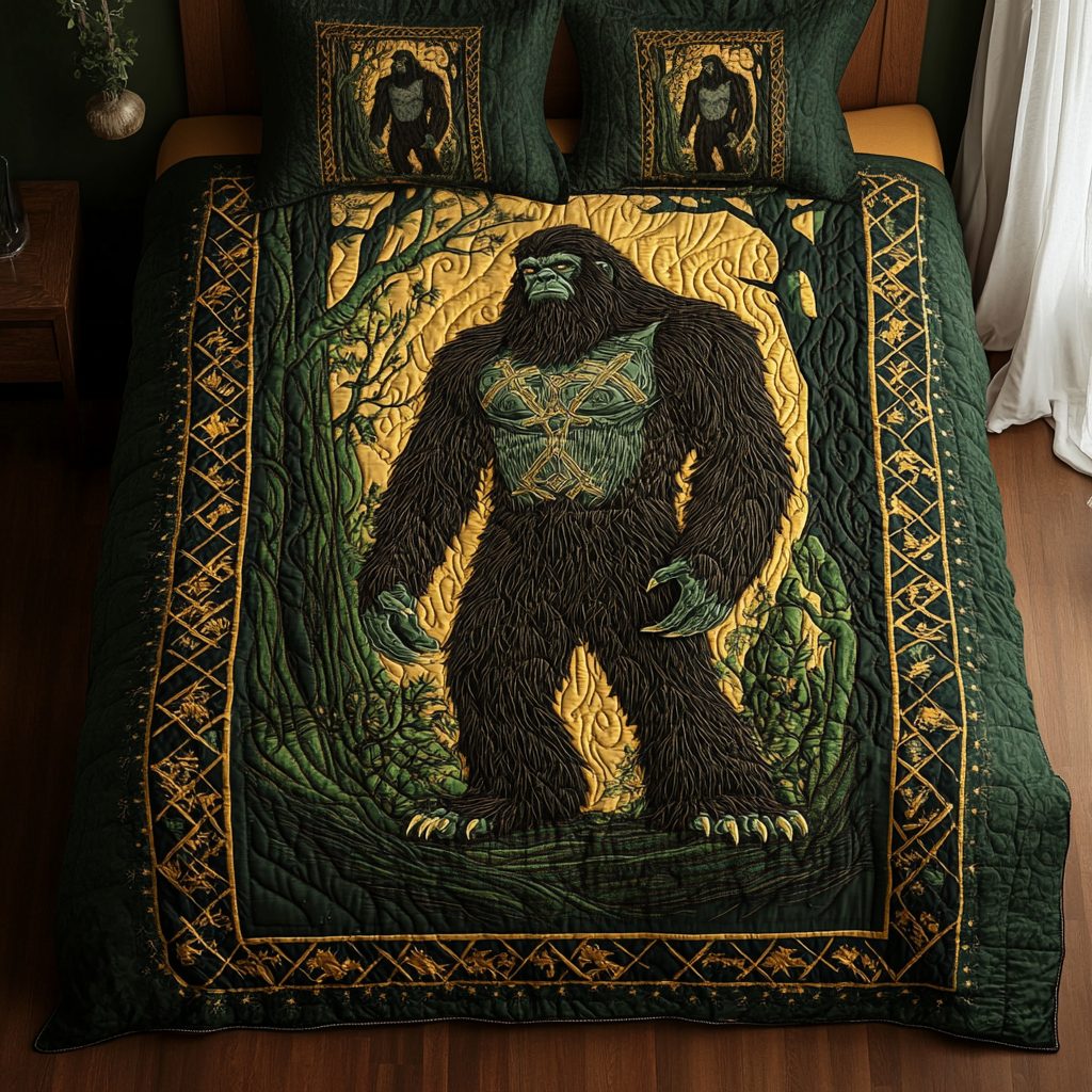 Bigfoot Mystic Gold quilted 3-piece bedding set on a made bed with two matching pillow shams