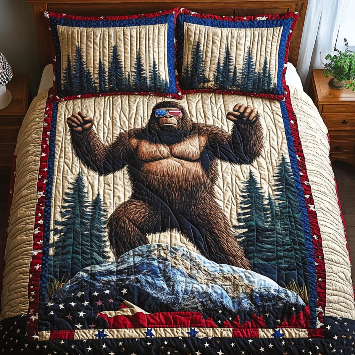 Bigfoot Pride quilted 3-piece bedding set on a made bed with two matching pillow shams