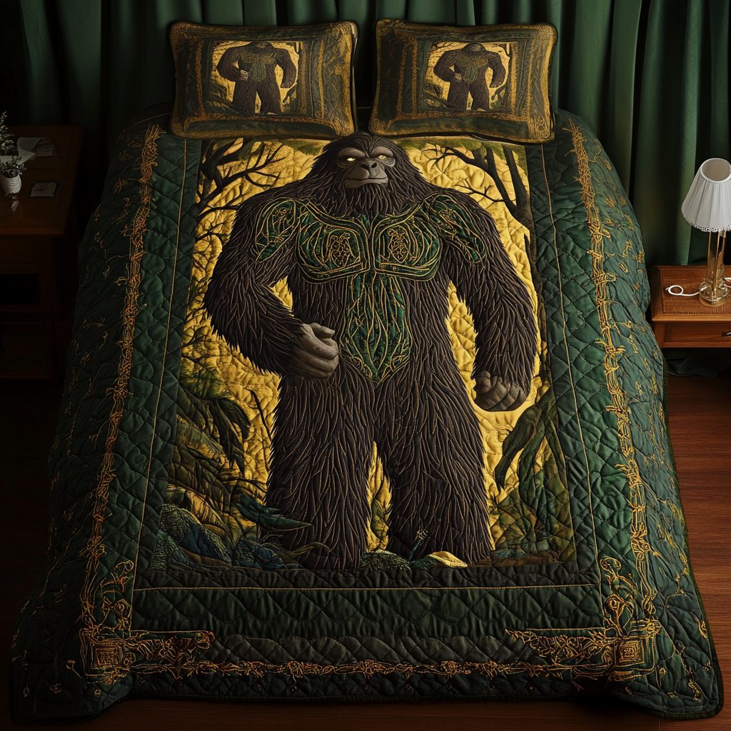 Bigfoot Regal Warrior quilted 3-piece bedding set on a made bed with two matching pillow shams