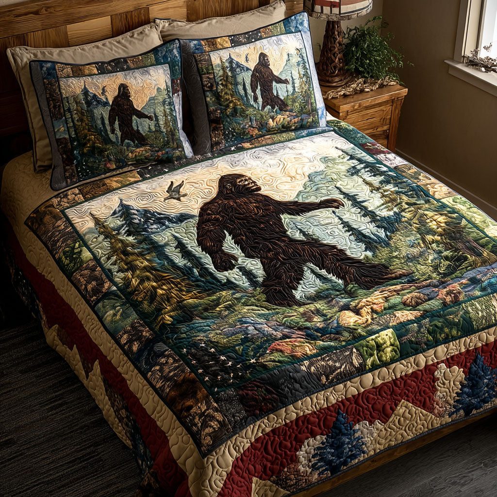 Bigfoot Trailblazer quilted 3-piece bedding set on a made bed with two matching pillow shams