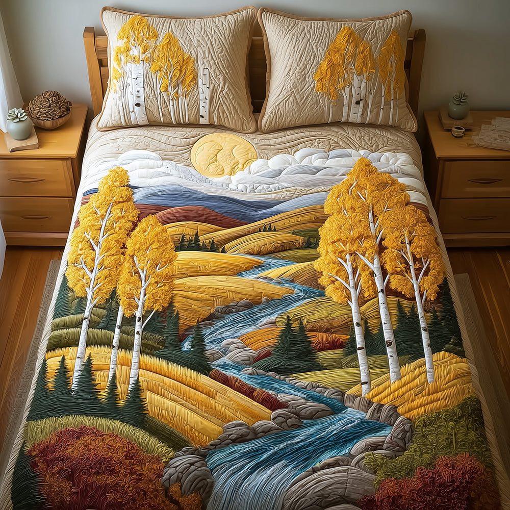 Birch Breeze quilted 3-piece bedding set on a made bed with two matching pillow shams