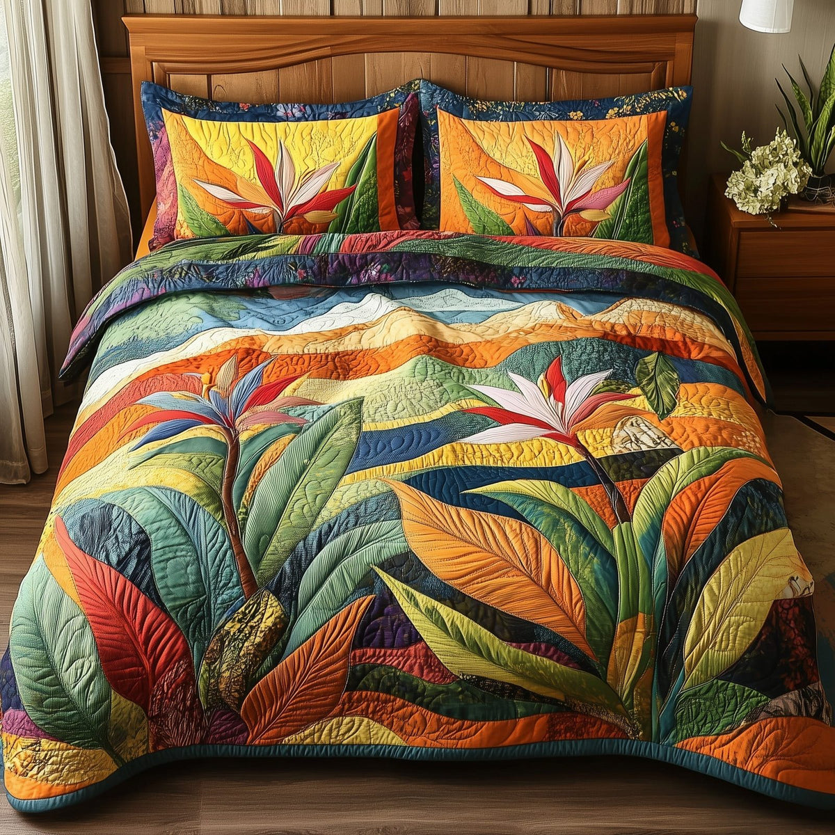 Bird Of Paradise Flower quilted 3-piece bedding set on a made bed with two matching pillow shams