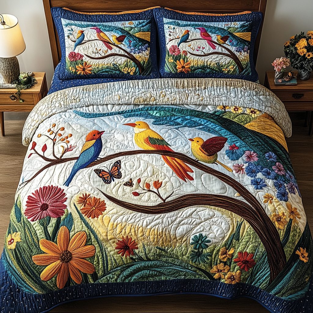 Birds Delight quilted 3-piece bedding set on a made bed with two matching pillow shams