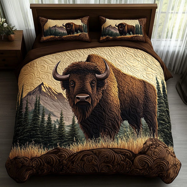 Bison Charm quilted 3-piece bedding set on a made bed in a rustic timber bedroom