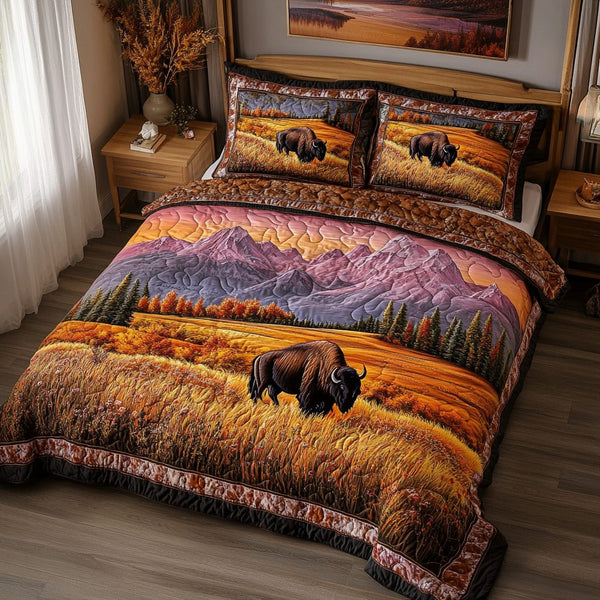 Bison Creek quilted 3-piece bedding set on a made bed in a rustic timber bedroom