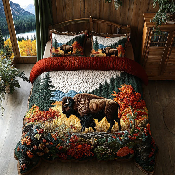 Bison Creek quilted 3-piece bedding set on a made bed in a rustic timber bedroom