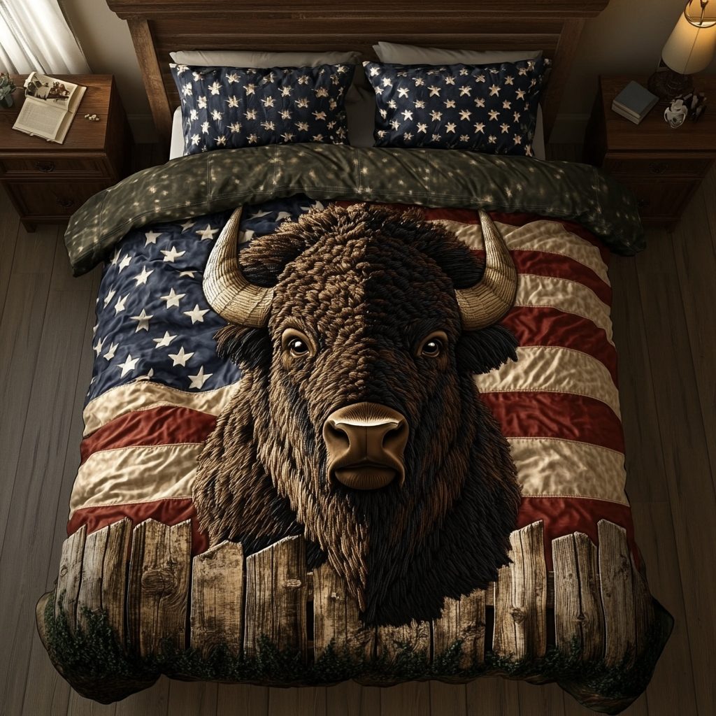 Bison Glory quilted 3-piece bedding set on a made bed in a rustic timber bedroom