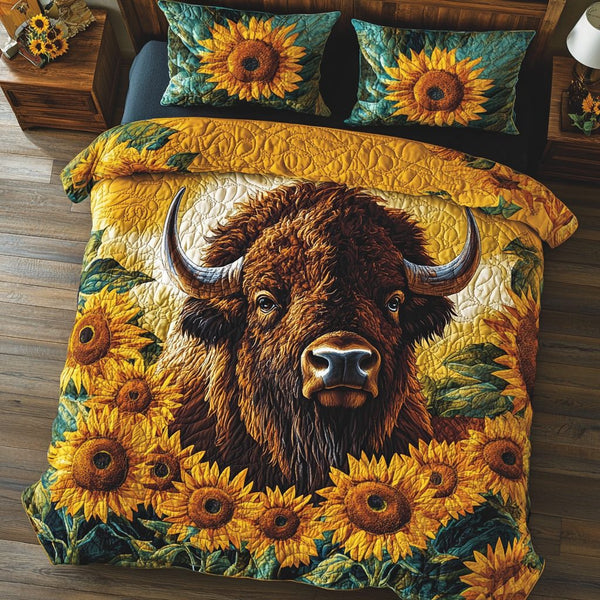 Bison Horizon quilted 3-piece bedding set on a made bed in a rustic timber bedroom