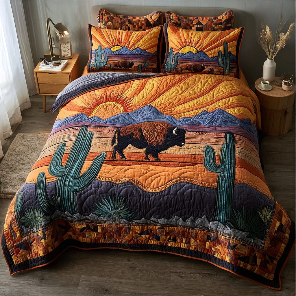 Bison Land quilted 3-piece bedding set on a made bed in a rustic timber bedroom
