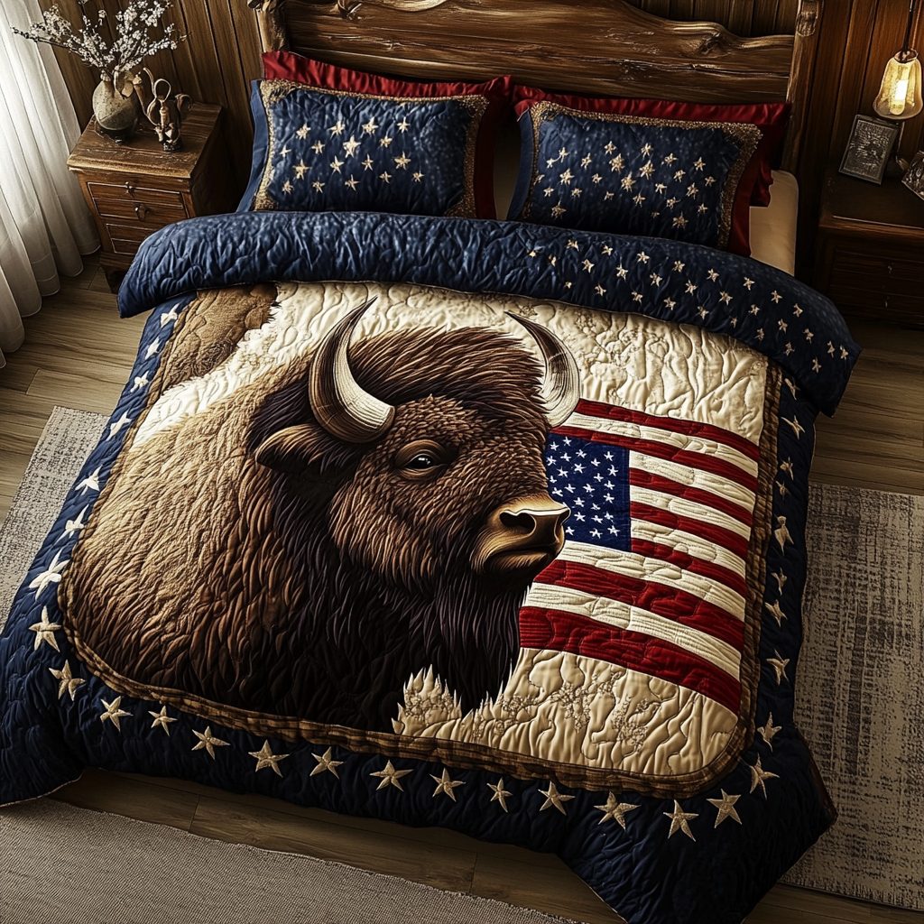 Bison Pride quilted 3-piece bedding set on a made bed in a rustic timber bedroom