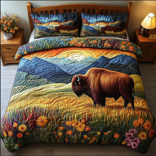 Bison Spirit quilted 3-piece bedding set on a made bed in a rustic timber bedroom