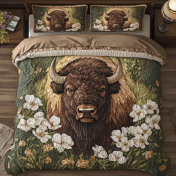 Bison Trails quilted 3-piece bedding set on a made bed in a rustic timber bedroom