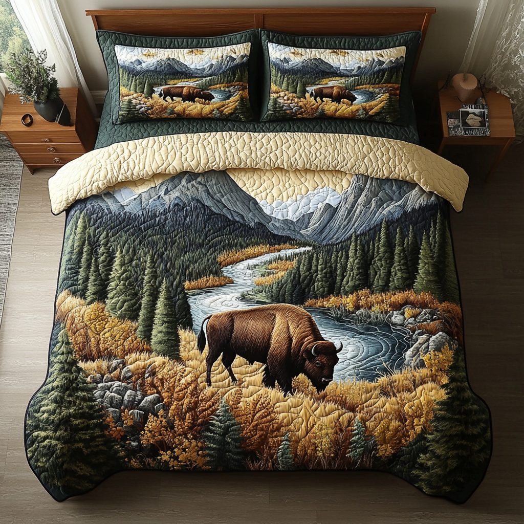 Bison Valley quilted 3-piece bedding set on a made bed in a rustic timber bedroom