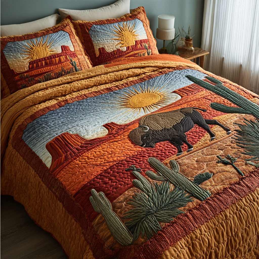 Bison Wild quilted 3-piece bedding set on a made bed in a rustic timber bedroom