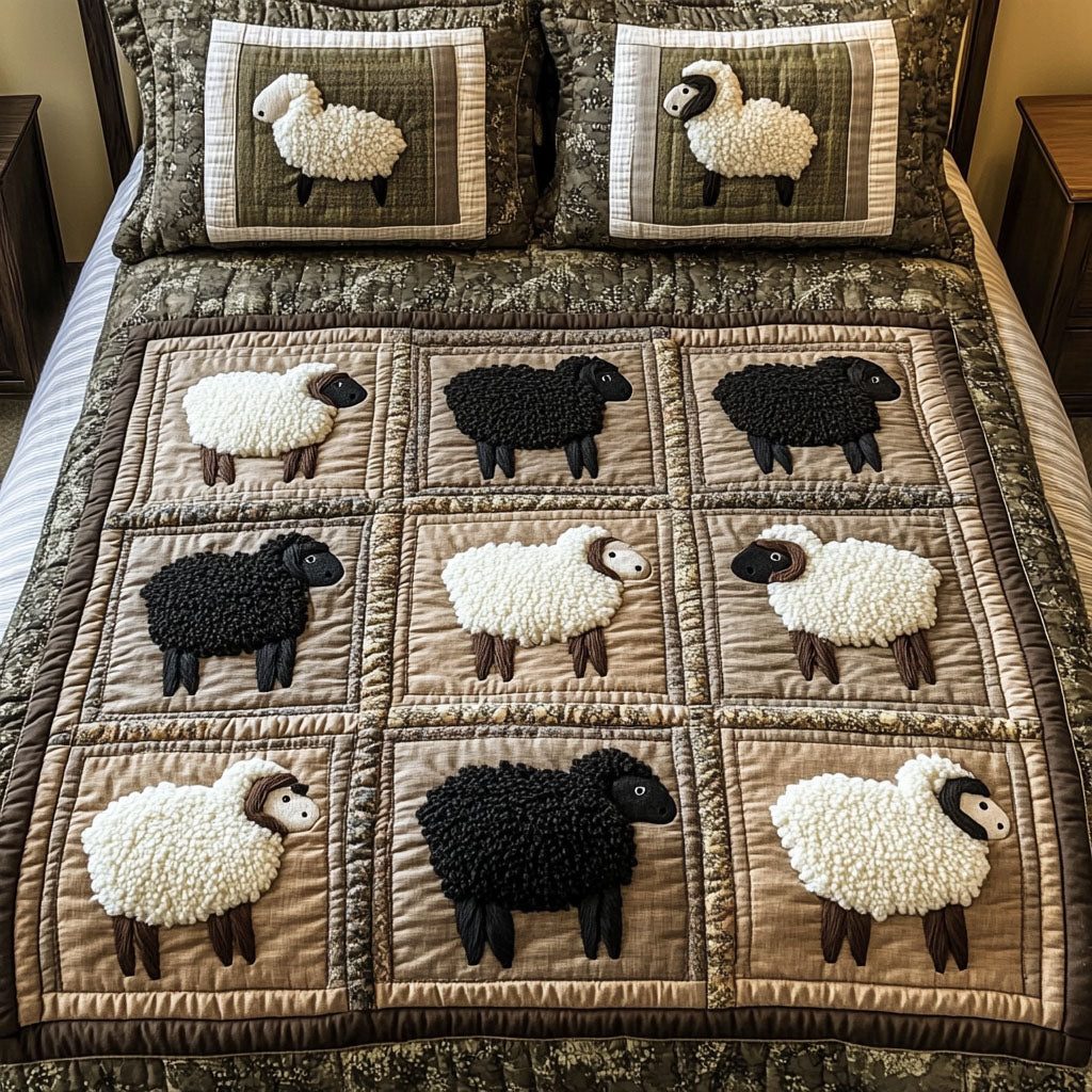 Black and White Flock quilted 3-piece bedding set on a made bed with two matching pillow shams