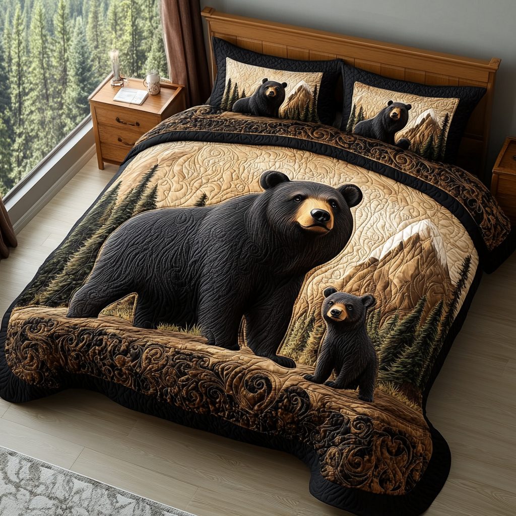 Black Bear Charm quilted 3-piece bedding set on a made bed with two matching pillow shams