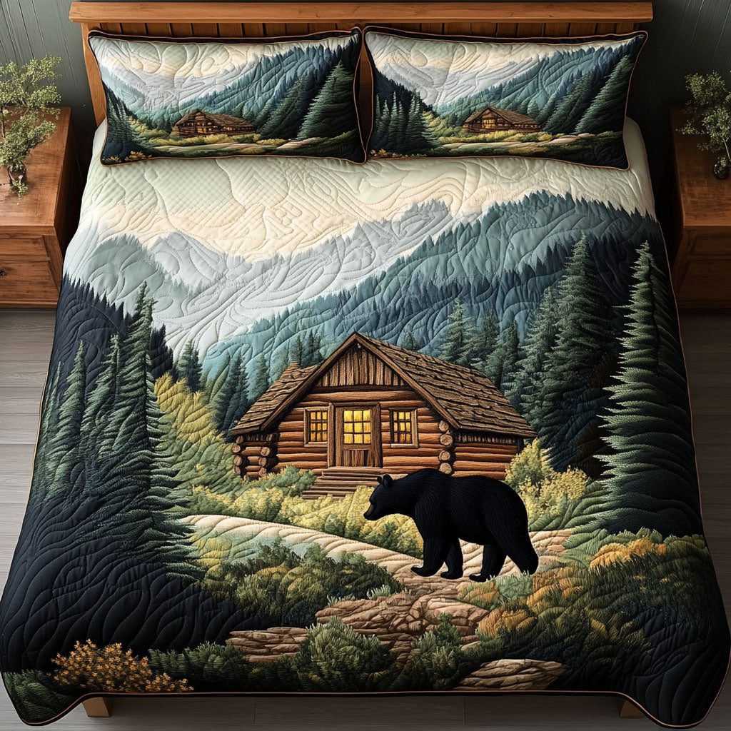 Black Bear Lodge quilted 3-piece bedding set on a made bed with two matching pillow shams