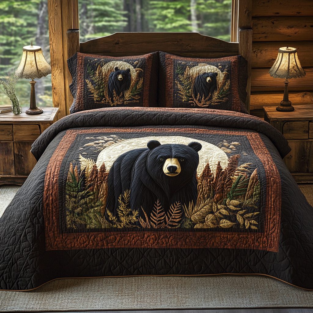 Black Bear Moonlit Autumn quilted 3-piece bedding set on a made bed with two matching pillow shams