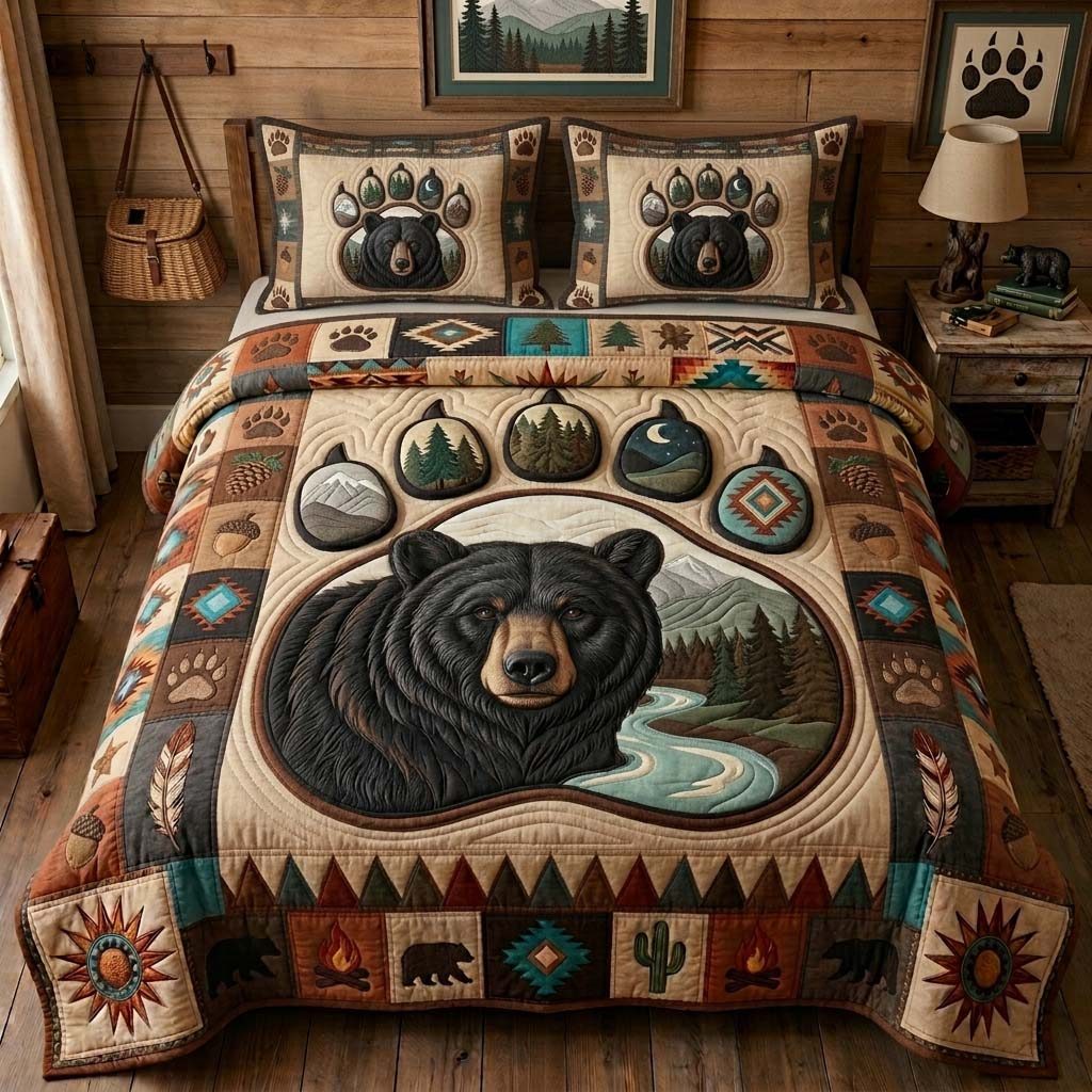 Black Bear Portrait quilted 3-piece bedding set on a made bed with two matching pillow shams