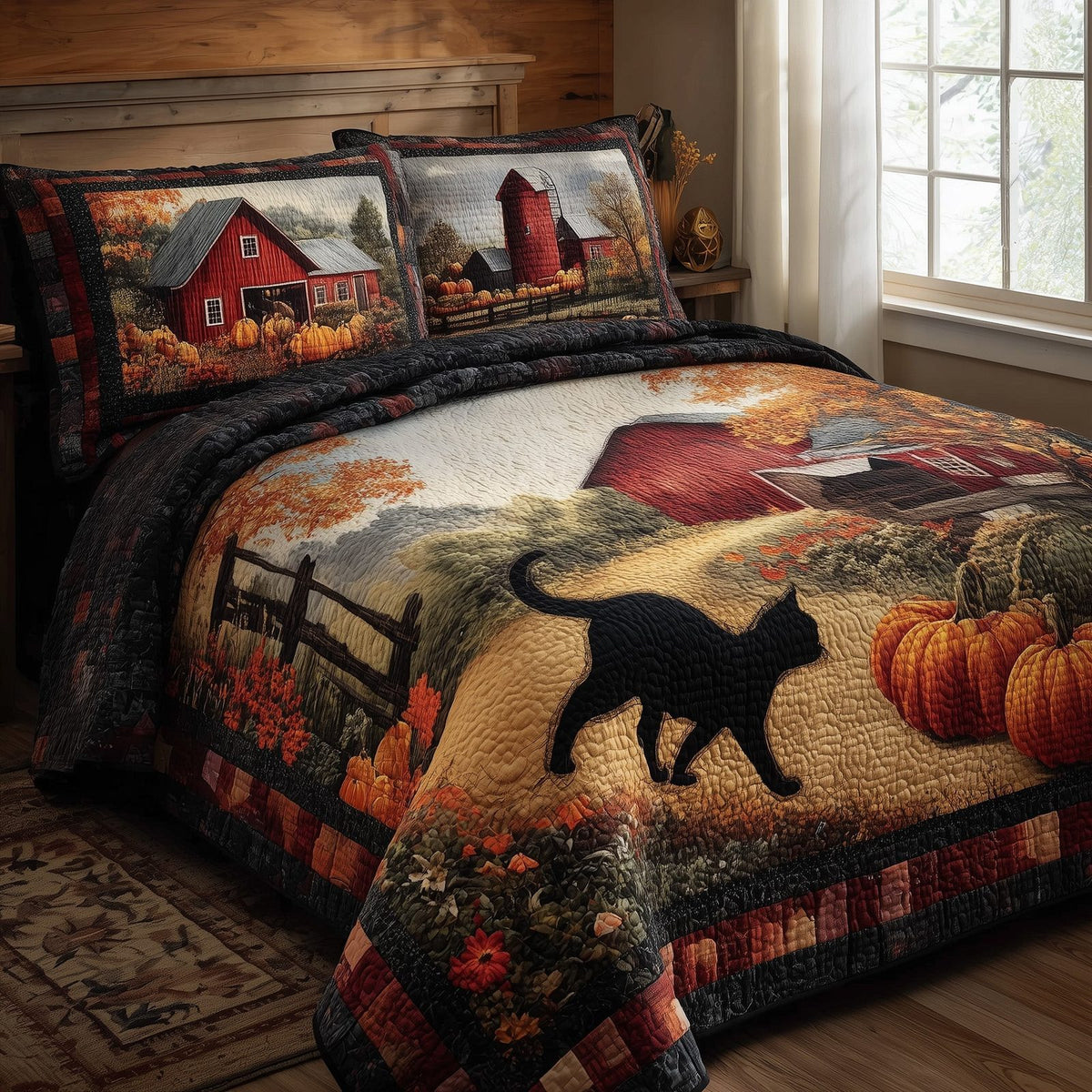 Black Cat Autumn quilted 3-piece bedding set on a made bed with two matching pillow shams