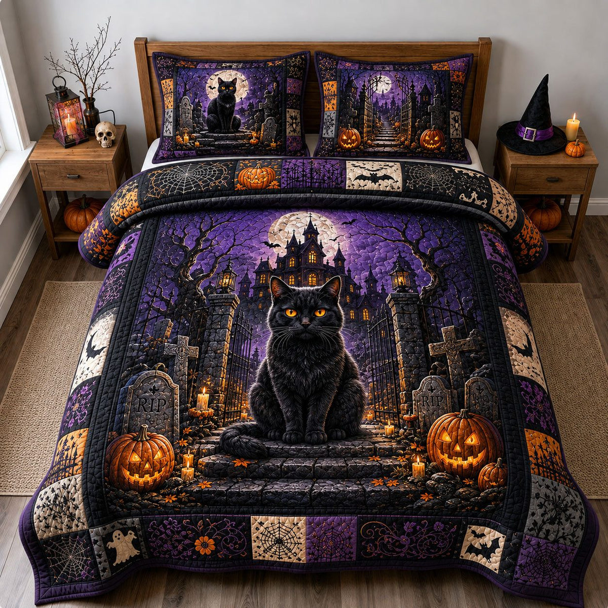 Black Cat Cemetery Gate quilted 3-piece bedding set on a made bed with two matching pillow shams