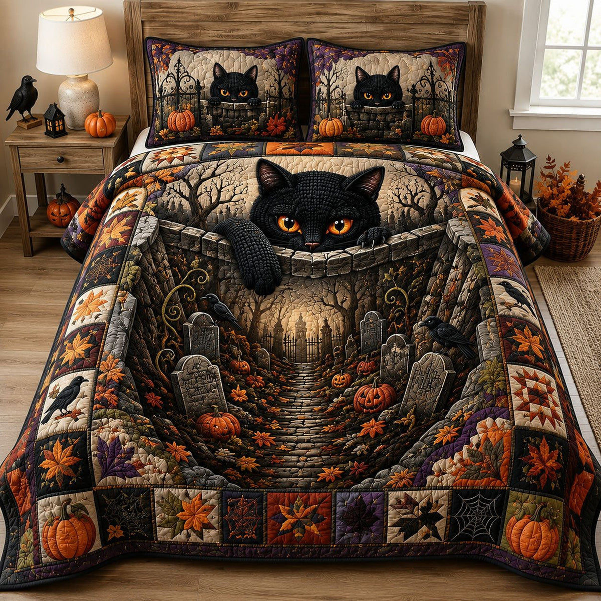 Black Cat Halloween Graveyard quilted 3-piece bedding set on a made bed against a dark styled interior