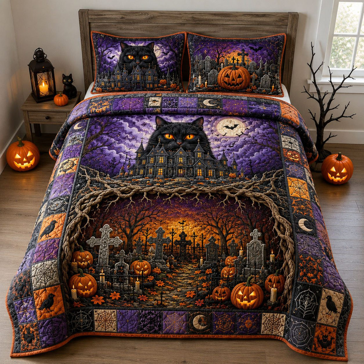 Black Cat Haunted Graveyard quilted 3-piece bedding set on a made bed against a dark styled interior