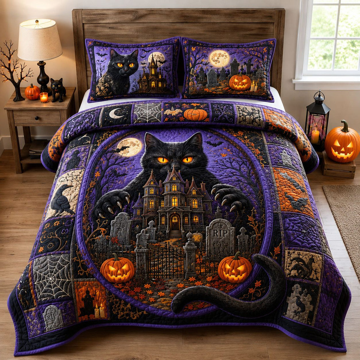Black Cat Haunted House quilted 3-piece bedding set on a made bed against a dark styled interior
