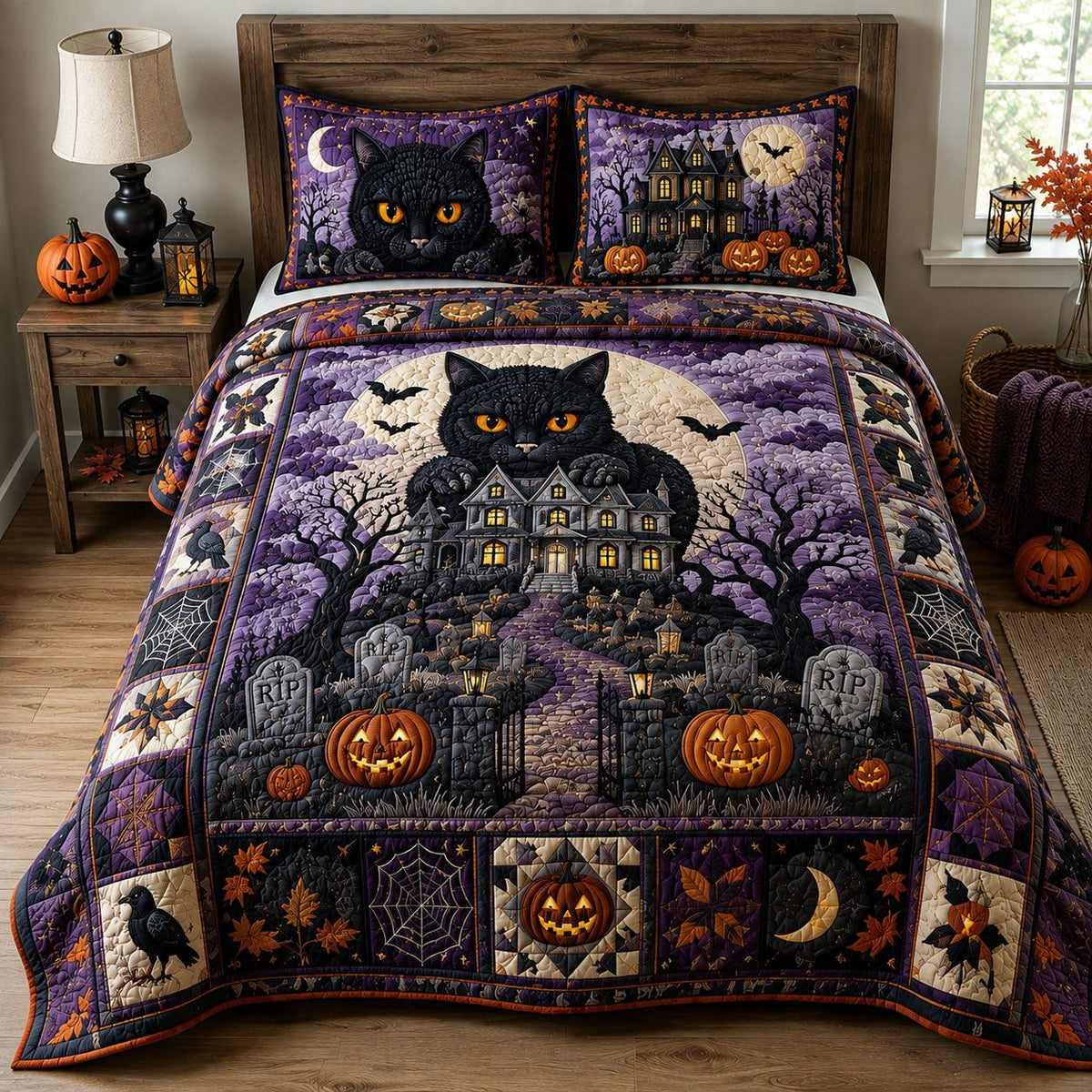 Black Cat Haunted House quilted 3-piece bedding set on a made bed against a dark styled interior