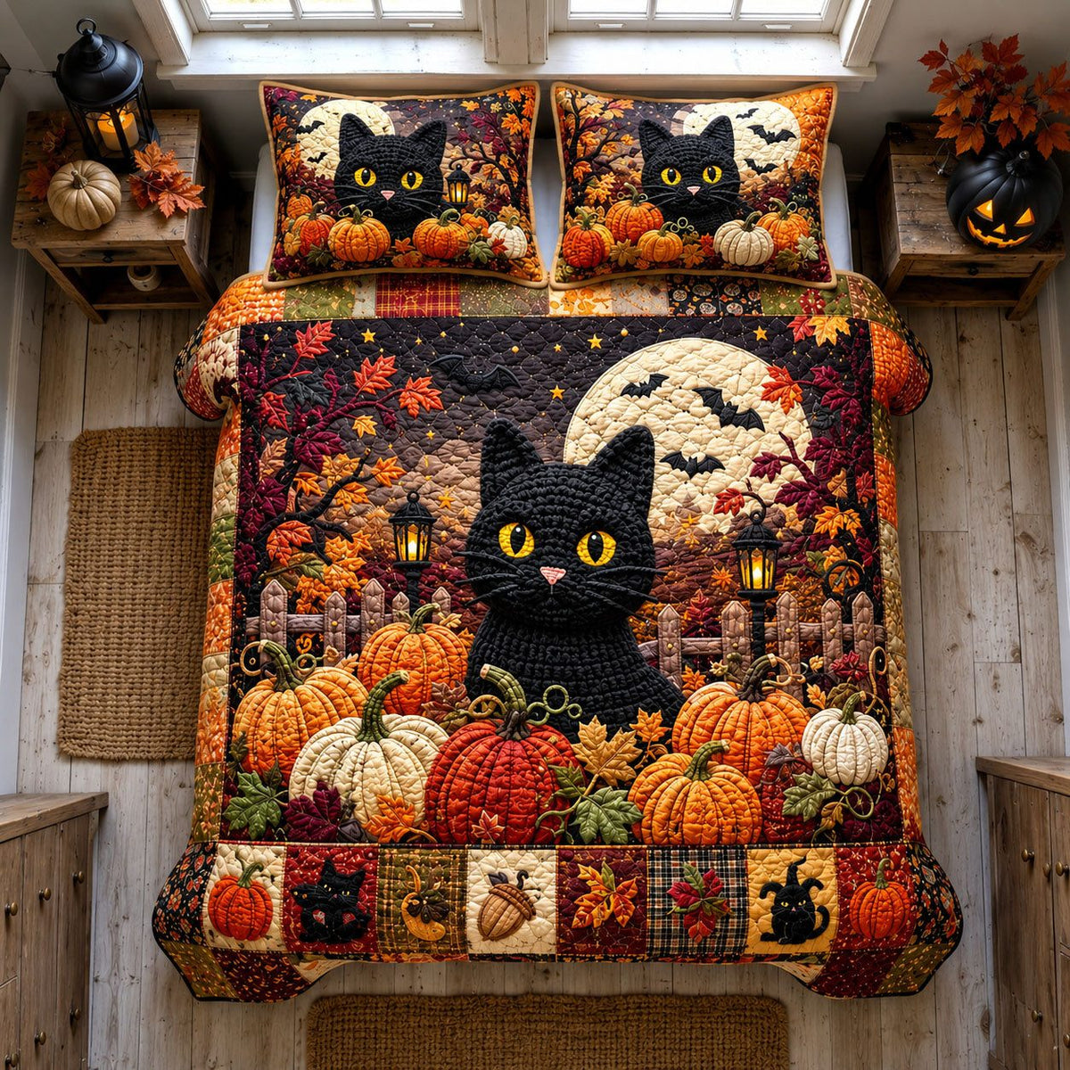 Black Cat Pumpkin Night quilted 3-piece bedding set on a made bed against a dark styled interior