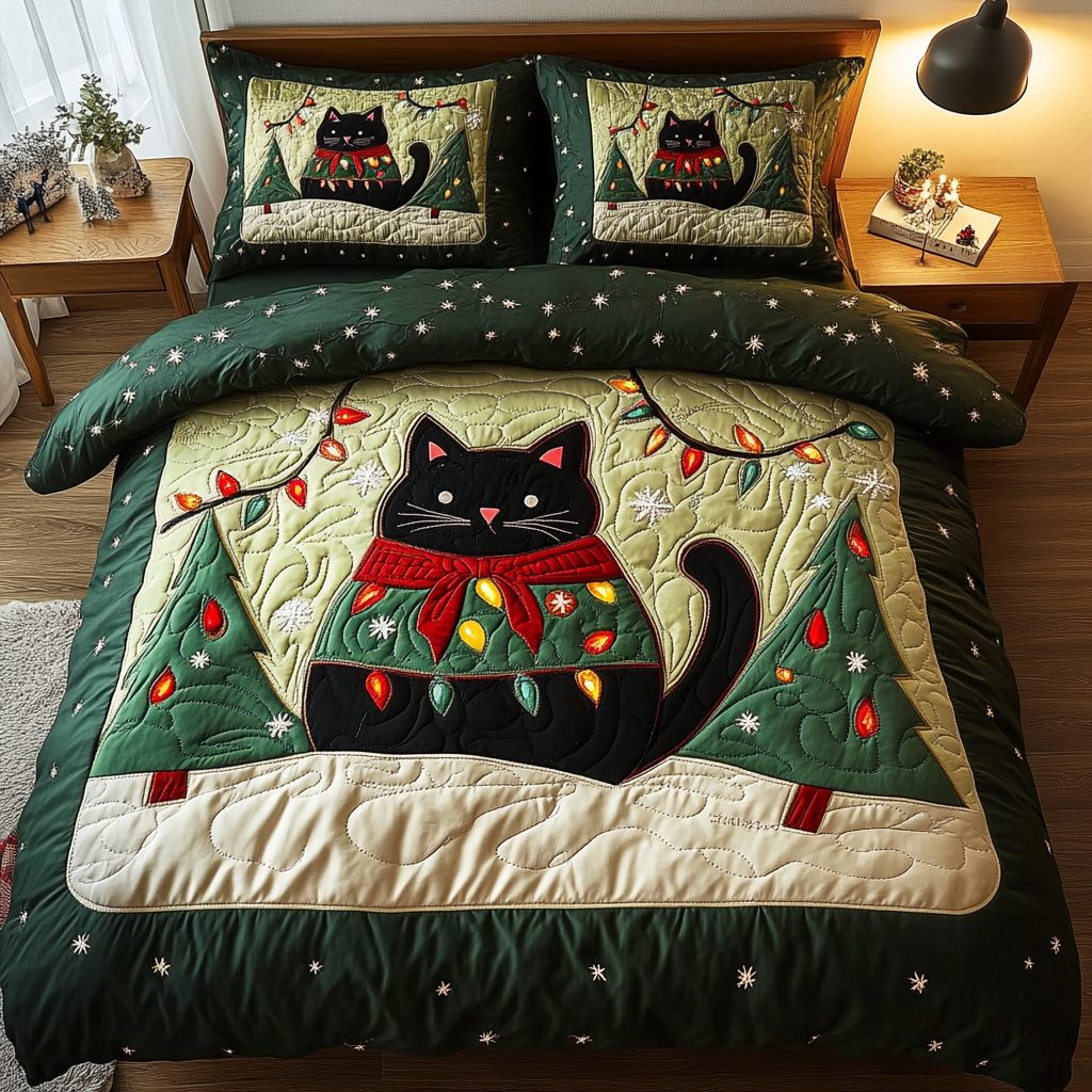 Black Cat Star quilted 3-piece bedding set on a made bed with two matching pillow shams