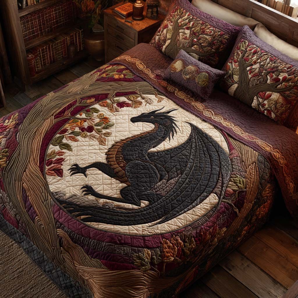 Black Dragon Library quilted 3-piece bedding set on a made bed with two matching pillow shams
