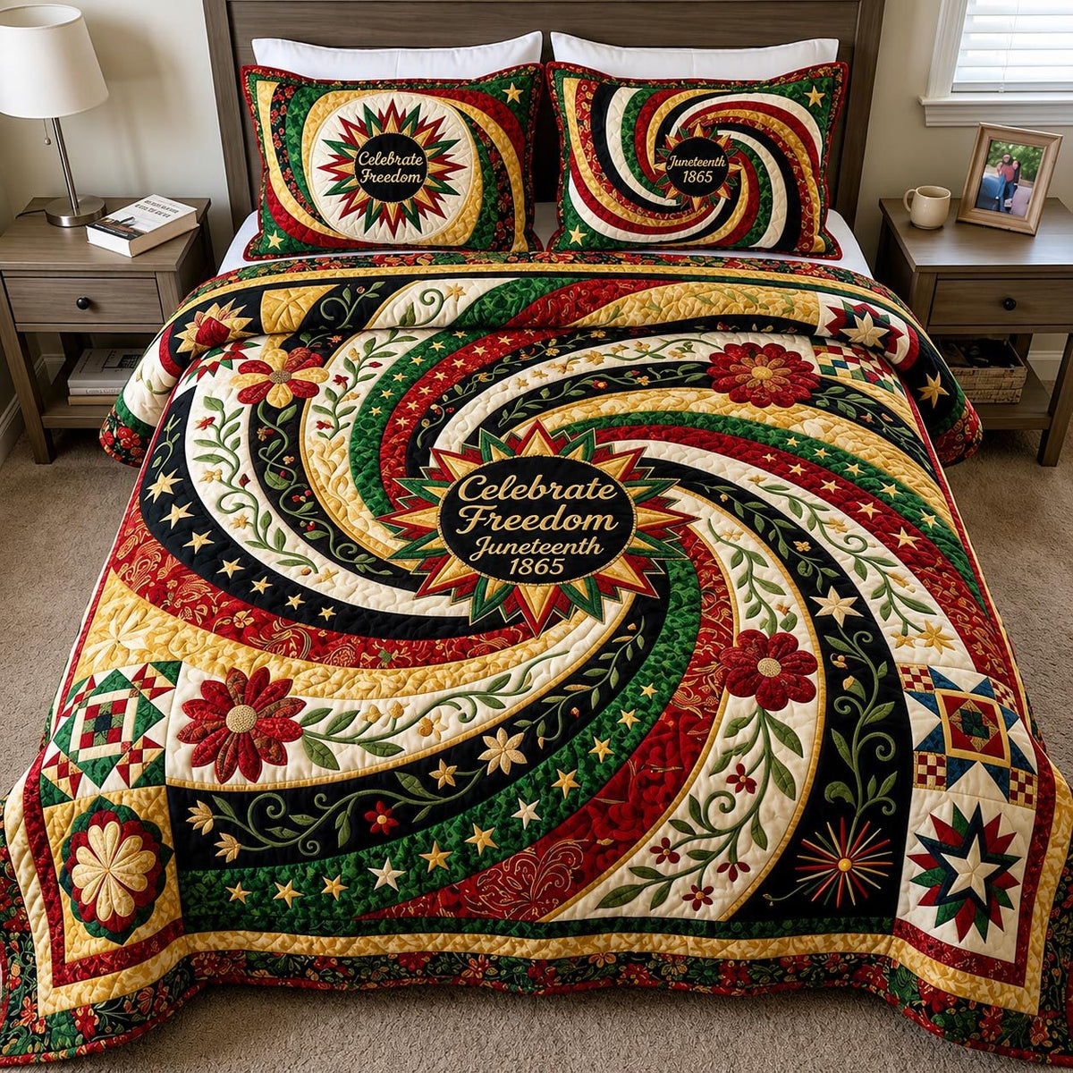 Black Freedom quilted 3-piece bedding set on a made bed in a warmly lit bedroom