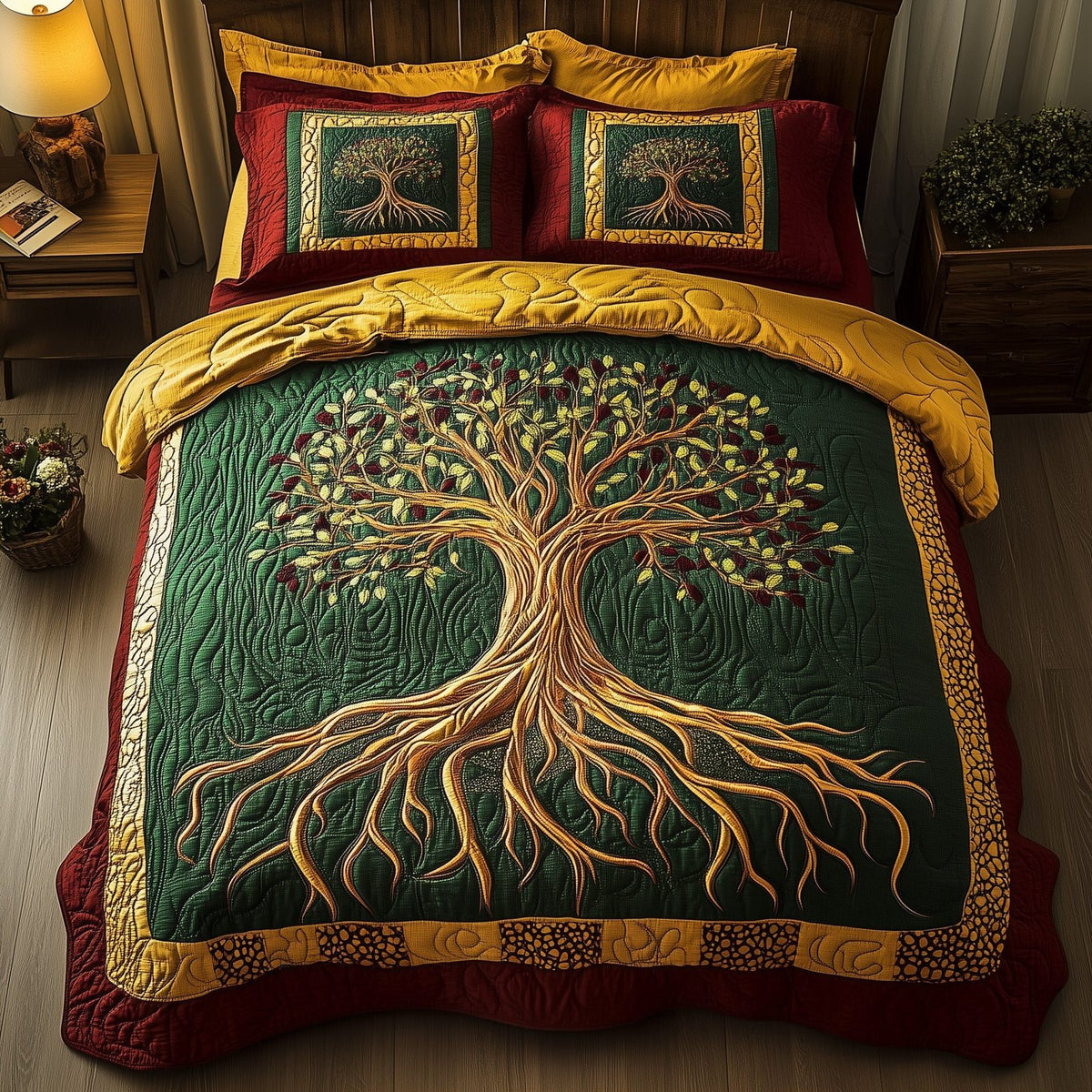 Black History Tree quilted 3-piece bedding set on a made bed with two matching pillow shams
