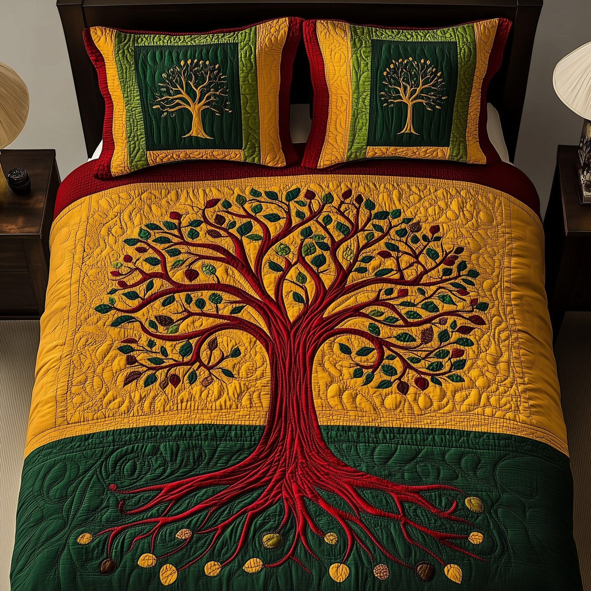 Black History Tree quilted 3-piece bedding set on a made bed with two matching pillow shams