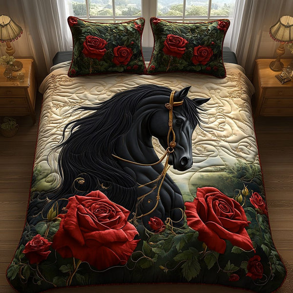 Black Horse Charm quilted 3-piece bedding set on a made bed in a rustic timber bedroom