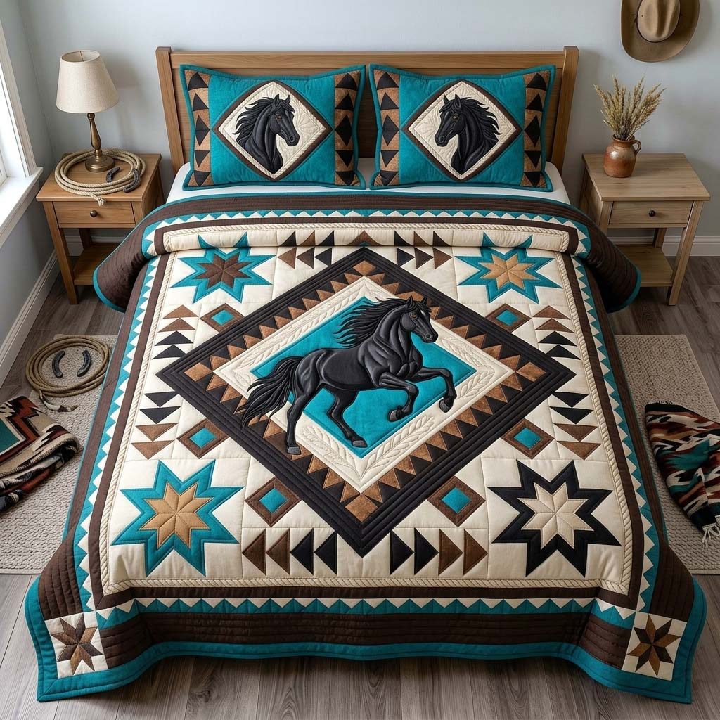 Black Horse Star quilted 3-piece bedding set on a made bed in a rustic timber bedroom