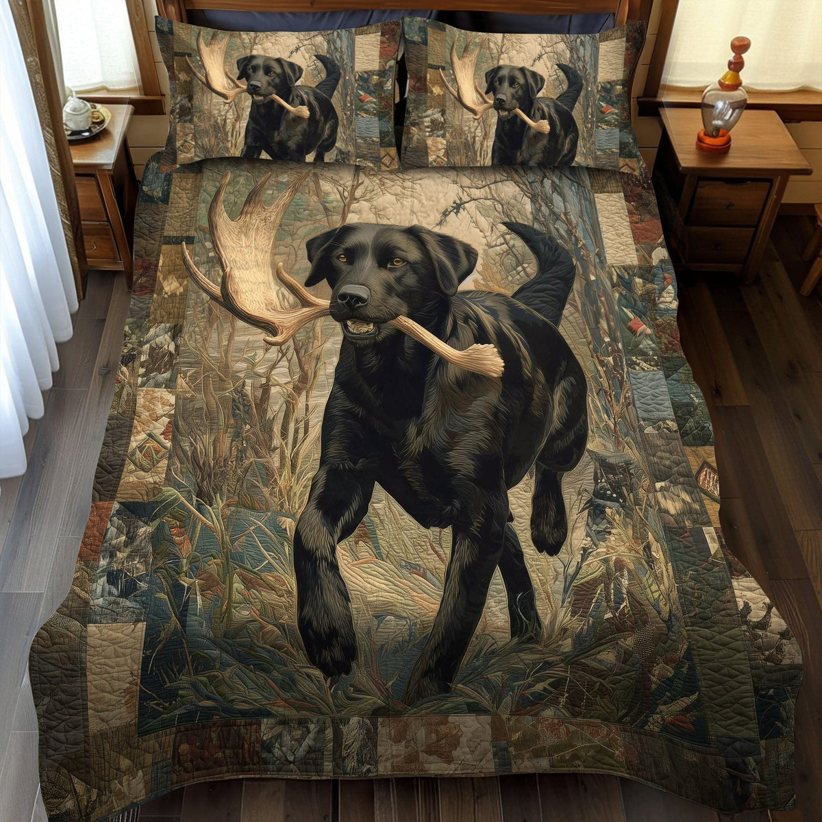 Black Knight quilted 3-piece bedding set on a made bed with two matching pillow shams